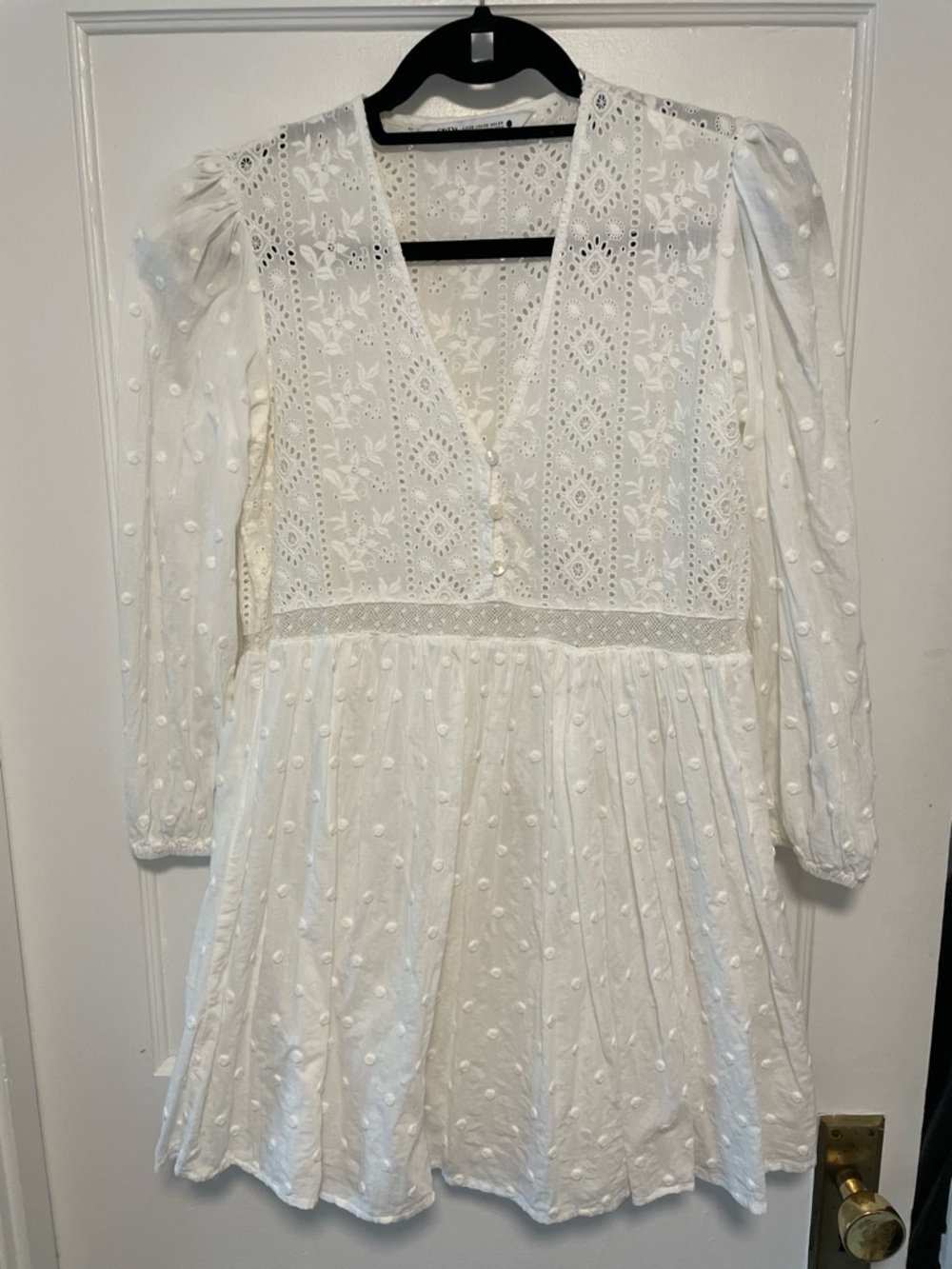 Zara White Eyelet Embroidered Puff-Sleeve Dress
